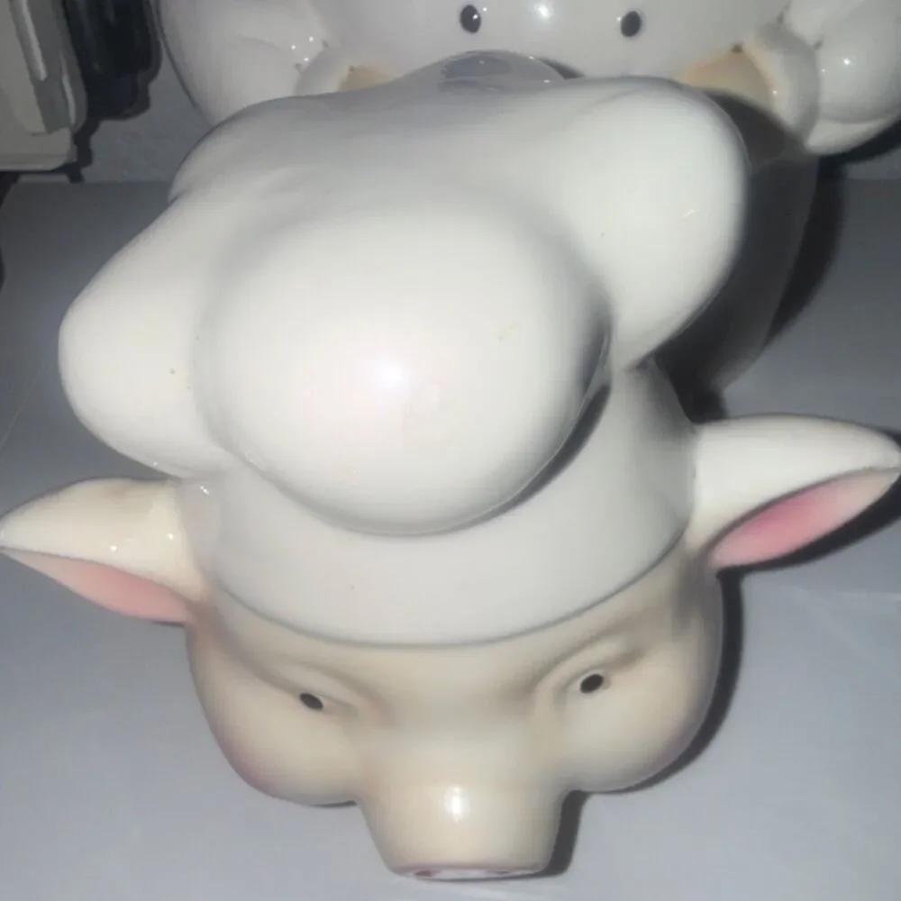 Vintage 1970 Ceramic Pig Chef Cookie Jar with Lid White Blue Pink 11 in